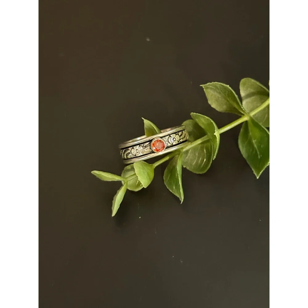 Sterling Silver 925 Floral Spinner Ring Orange Red Stone Boho Meditation Band 10